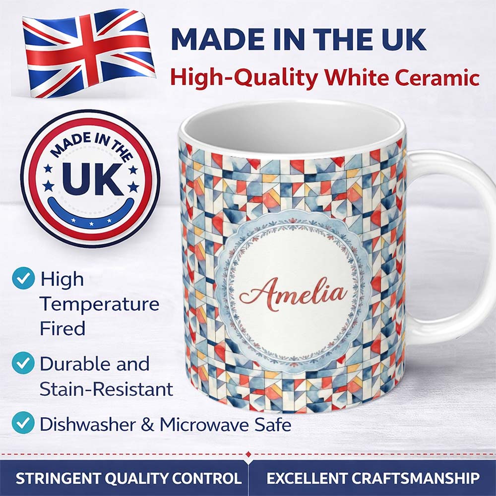 Personalized Custom Name Soft Watercolor Abstract Shapes Red Blue Minimal Seamless Pattern 11oz Ceramic Coffee Tea Mug White Large Handle