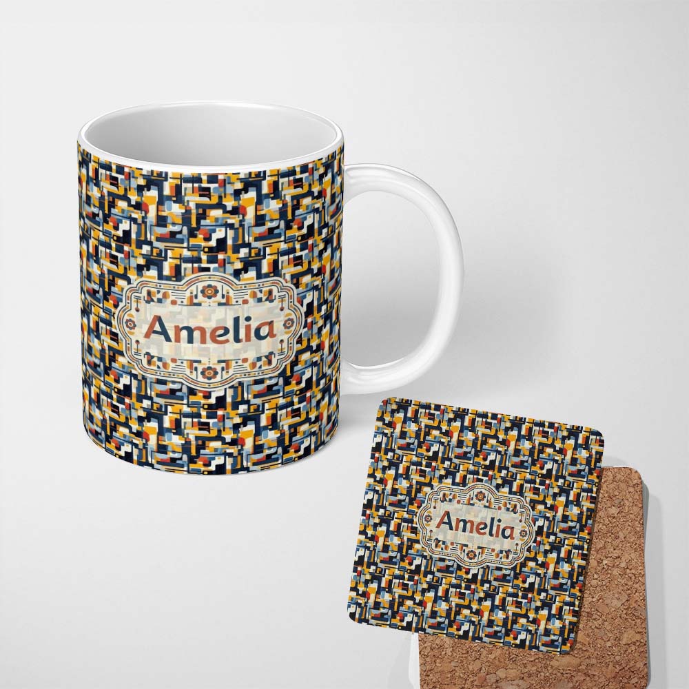 Personalized Custom Name Bold Navy Mustard Abstract Geometric Lines Seamless Pattern Name 11oz Ceramic Coffee Tea Mug White Large Handle
