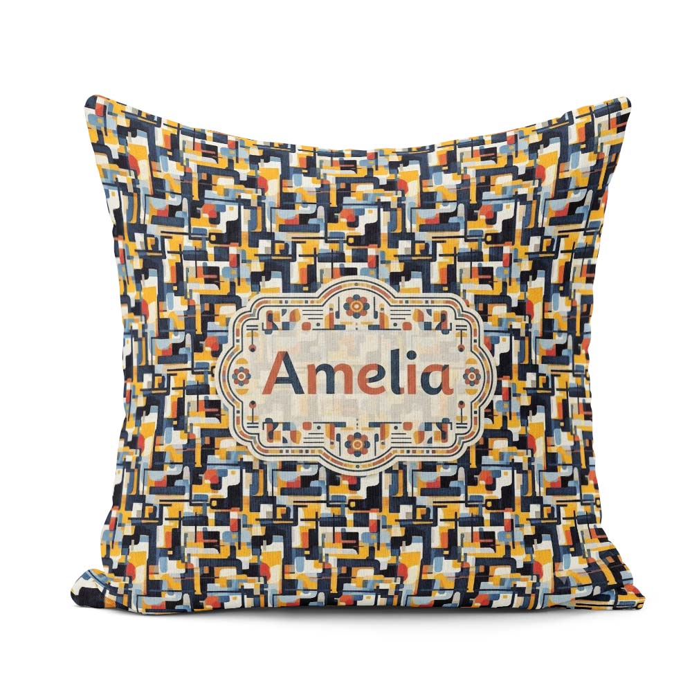Custom Name Bold Navy Mustard Abstract Geometric Lines Seamless Square Filled Cushion Throw Pillow Sofa Bed Home Decor Zip Washable UK Made