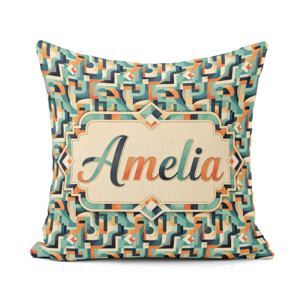 Custom Name Teal Orange Century Abstract Curved Seamless Pattern Square Filled Cushion Throw Pillow Sofa Bed Home Decor Zip Washable UK Made