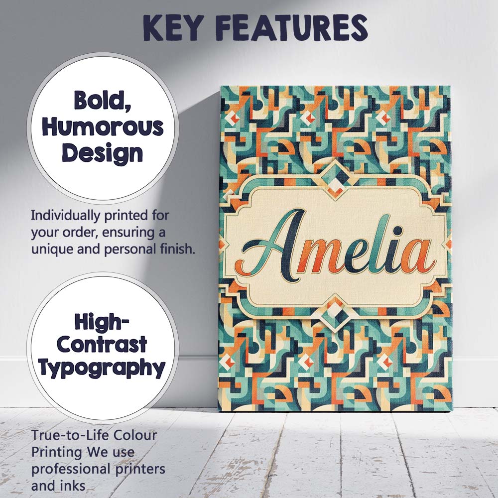 Personalised Name Teal Orange Mid Century Custom Unique Gift Idea Elegant Feature Canvas Wall Art Print Decor Picture Ready to Hang