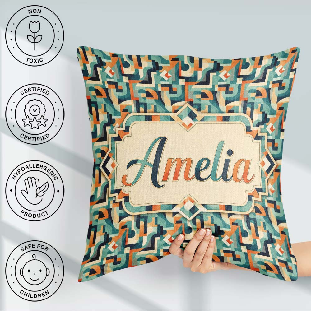 Custom Name Teal Orange Century Abstract Curved Seamless Pattern Square Filled Cushion Throw Pillow Sofa Bed Home Decor Zip Washable UK Made