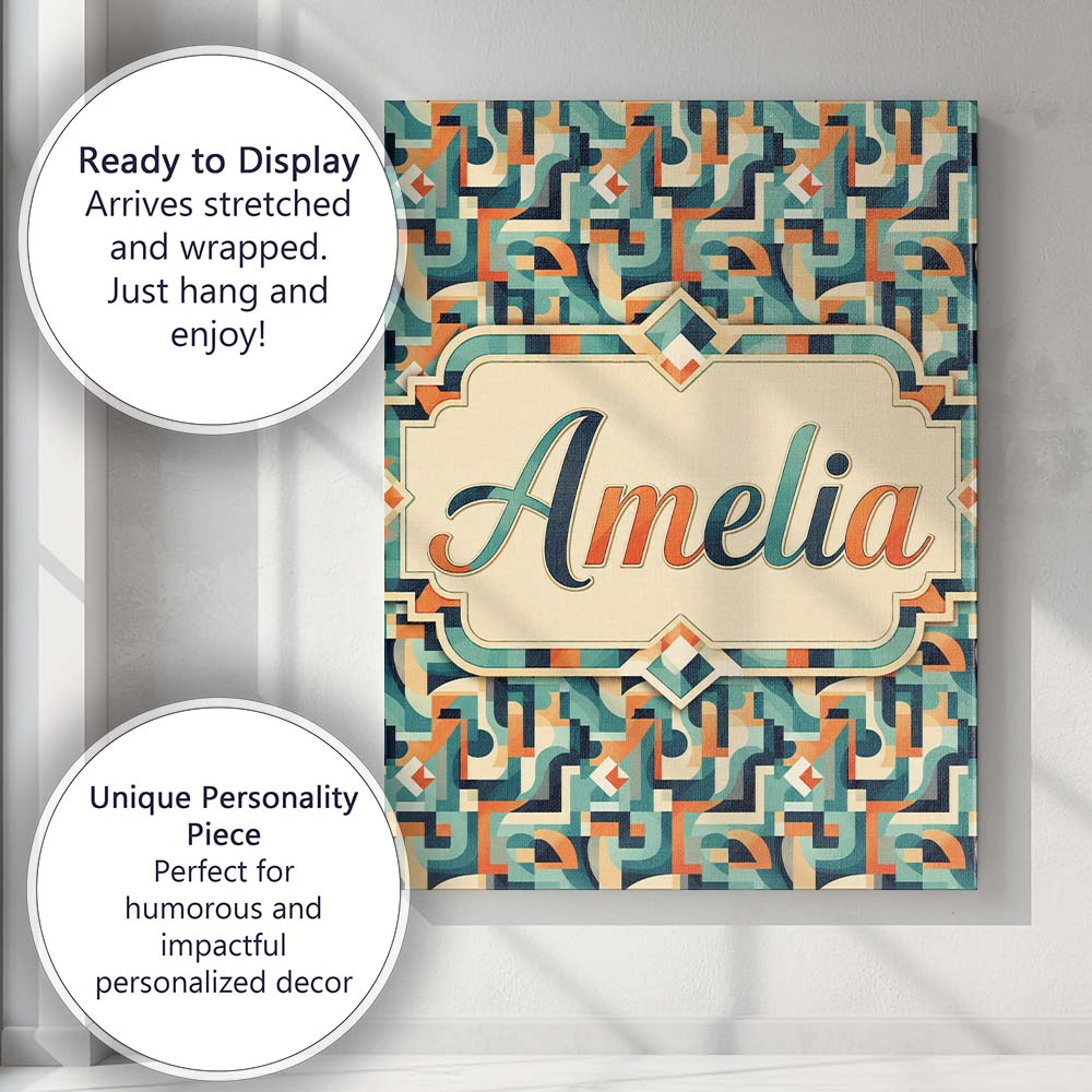 Personalised Name Teal Orange Mid Century Custom Unique Gift Idea Elegant Feature Canvas Wall Art Print Decor Picture Ready to Hang