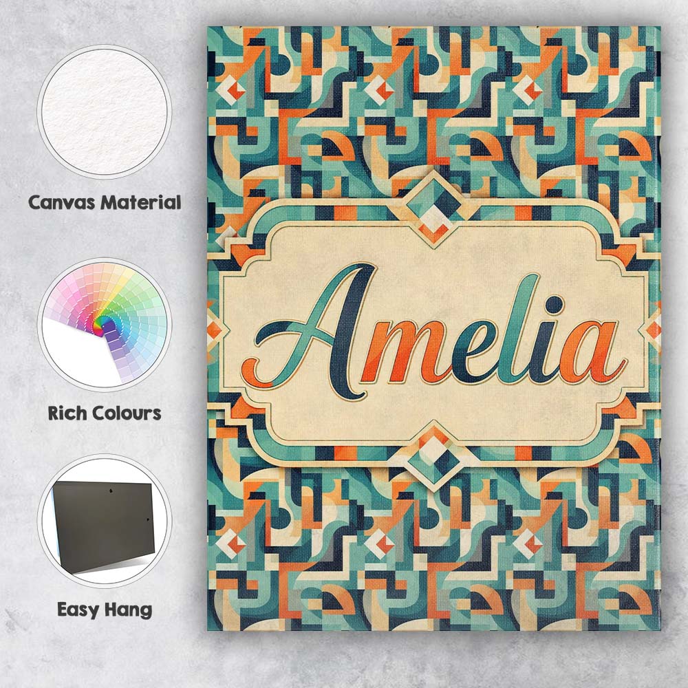 Personalised Name Teal Orange Mid Century Custom Unique Gift Idea Elegant Feature Canvas Wall Art Print Decor Picture Ready to Hang