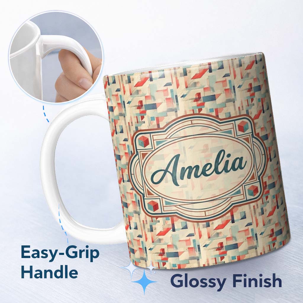 Personalized Custom Name Textured Abstract Brush Shapes Neutral Seamless Pattern Name Cute 11oz Ceramic Coffee Tea Mug White Large Handle