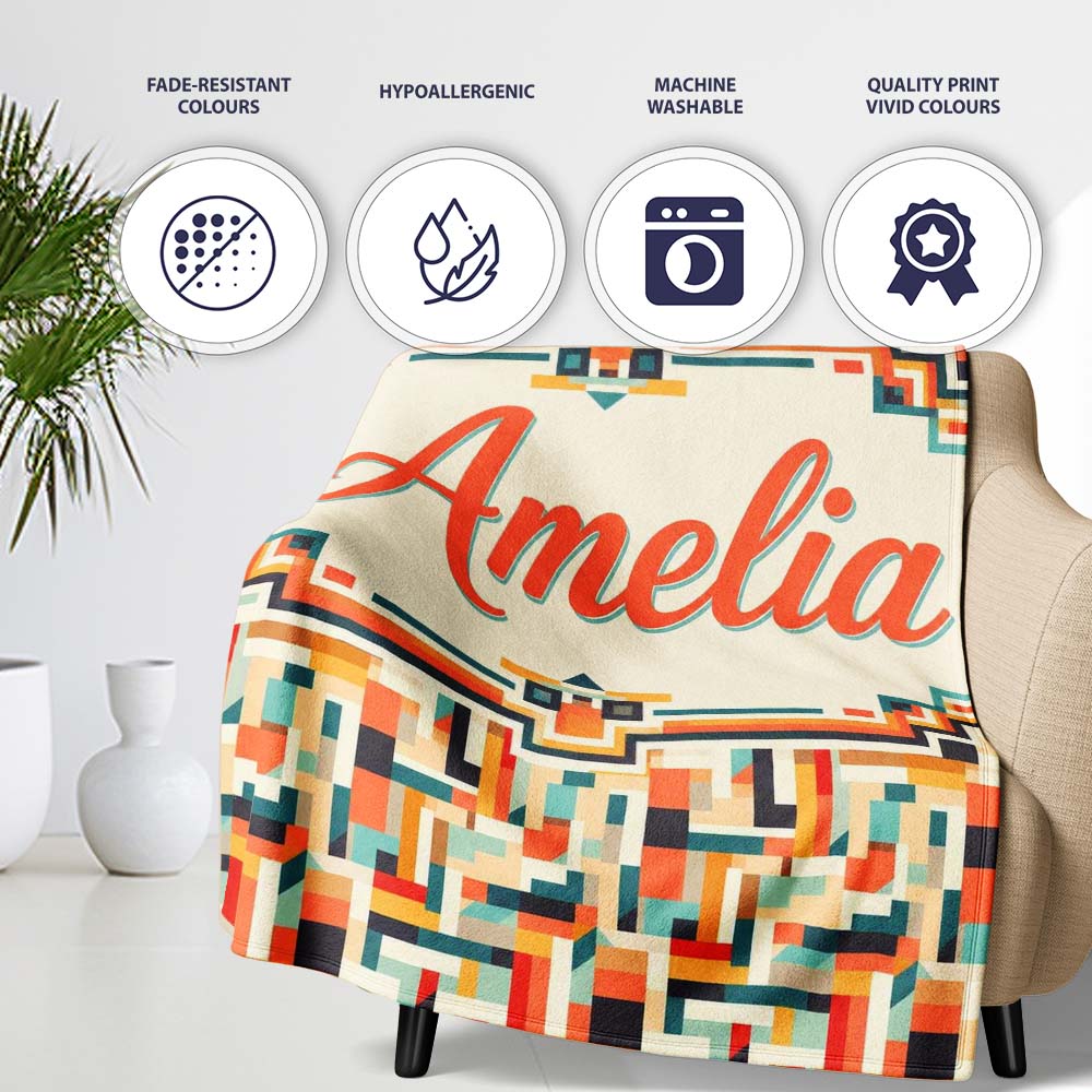 Color Block Geometric Pattern Beige Orange Blue Seamless Design Personalised Custom Name Super Soft Fleece Blanket Bed Sofa Throw