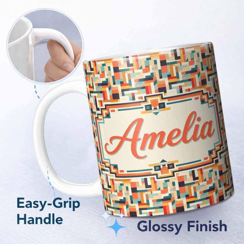 Personalized Custom Name Color Block Geometric Pattern Beige Orange Blue Seamless Design 11oz Ceramic Coffee Tea Mug White Large Handle