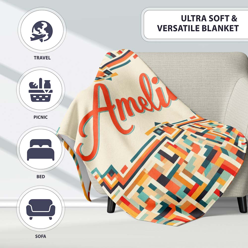 Color Block Geometric Pattern Beige Orange Blue Seamless Design Personalised Custom Name Super Soft Fleece Blanket Bed Sofa Throw