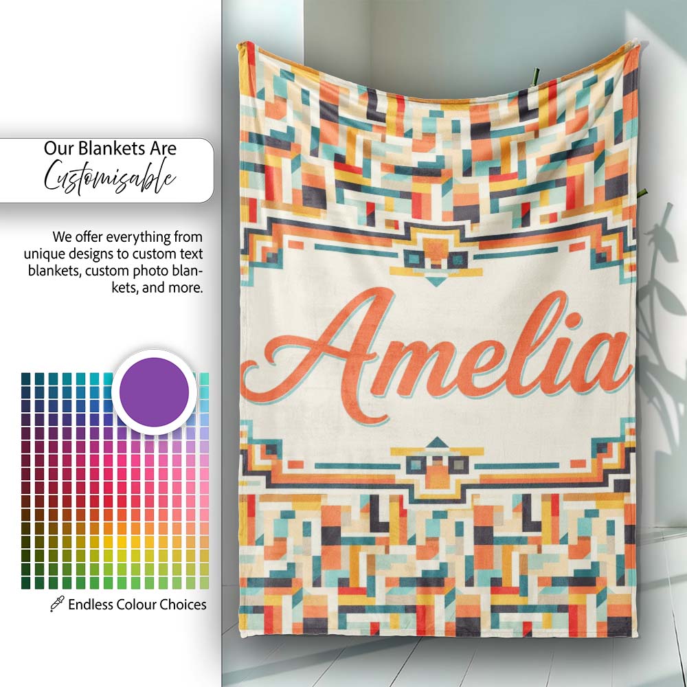 Color Block Geometric Pattern Beige Orange Blue Seamless Design Personalised Custom Name Super Soft Fleece Blanket Bed Sofa Throw