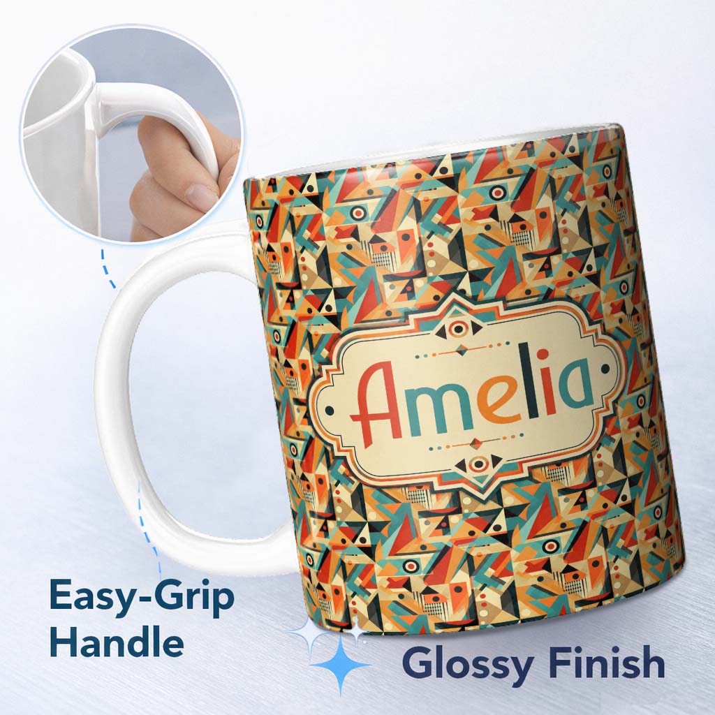 Personalized Custom Name Vintage Inspired Abstract Shapes Scribble Texture Seamless Pattern 11oz Ceramic Coffee Tea Mug White Large Handle