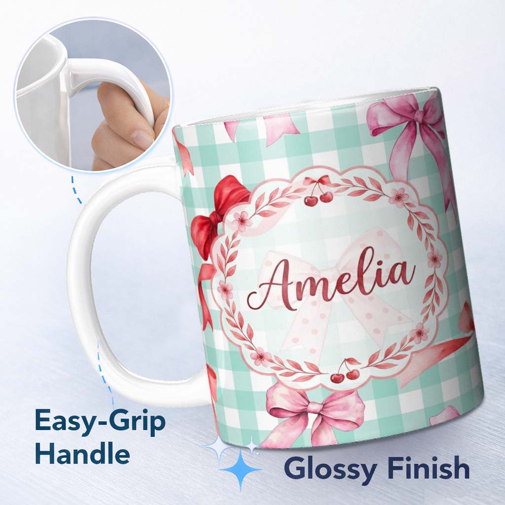 Personalized Custom Name Watercolor Red and Pink Ribbon Bows Mint Gingham Check Background 11oz Ceramic Coffee Tea Mug White Large Handle