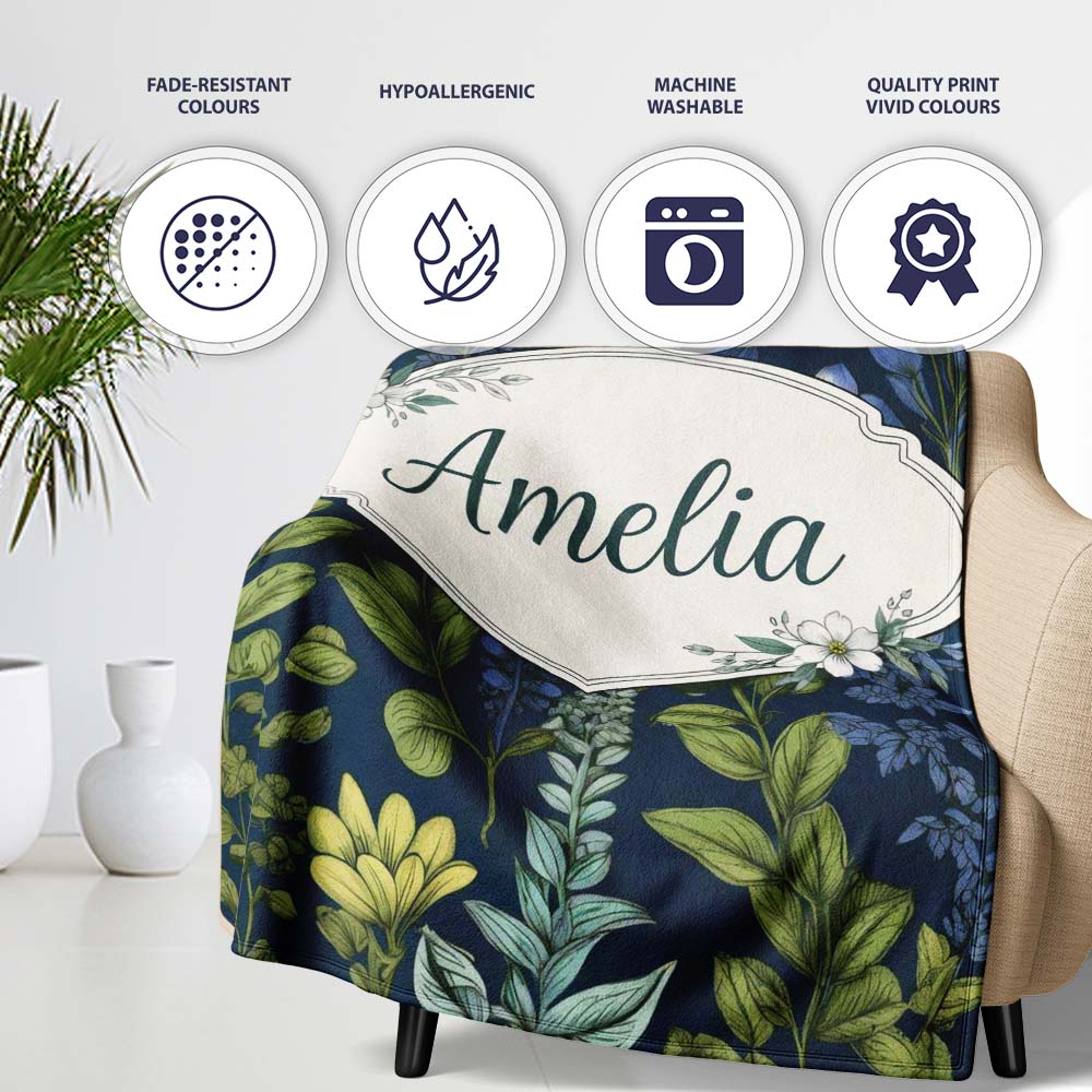 Elegant Botanical Leaves Blue Green Floral Seamless Pattern Lovely Personalised Custom Name Super Soft Fleece Blanket Bed Sofa Throw