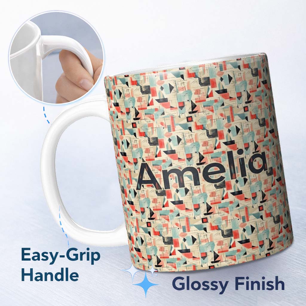 Personalized Custom Name Bright Modern Cubist Abstract Shapes Bold Seamless Pattern Name Cute 11oz Ceramic Coffee Tea Mug White Large Handle