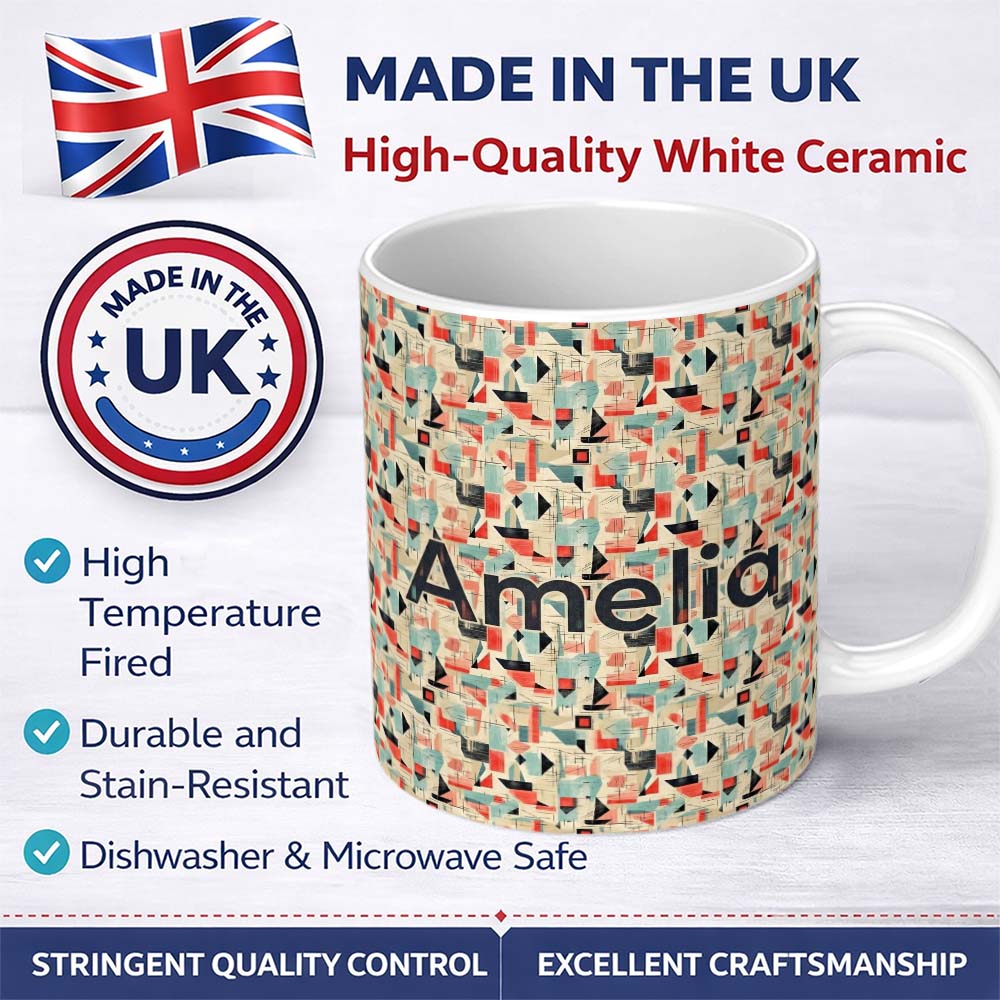 Personalized Custom Name Bright Modern Cubist Abstract Shapes Bold Seamless Pattern Name Cute 11oz Ceramic Coffee Tea Mug White Large Handle