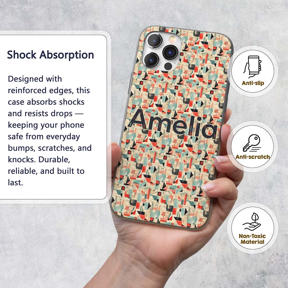 Bright Modern Cubist Abstract Printed Design Custom Name Protective Phone Case Mobile Cover Durable Everyday Smartphone Shock Resistant