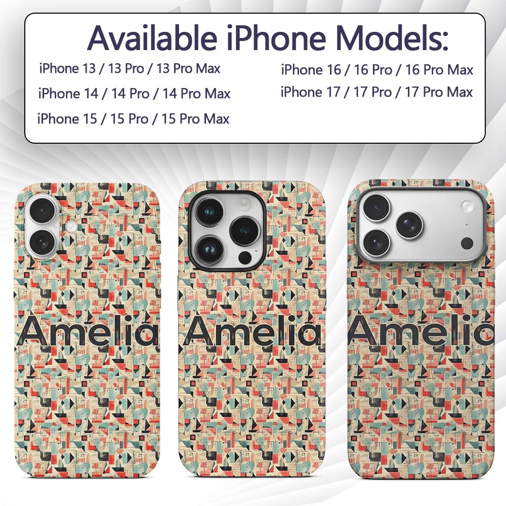 Bright Modern Cubist Abstract Printed Design Custom Name Protective Phone Case Mobile Cover Durable Everyday Smartphone Shock Resistant