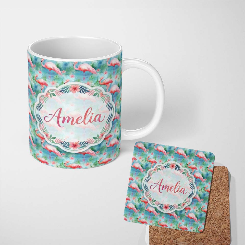 Personalized Custom Name Tropical Pink Flamingo Jungle Leaves Watercolor Seamless Pattern 11oz Ceramic Coffee Tea Mug White Large Handle