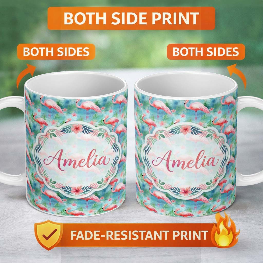 Personalized Custom Name Tropical Pink Flamingo Jungle Leaves Watercolor Seamless Pattern 11oz Ceramic Coffee Tea Mug White Large Handle