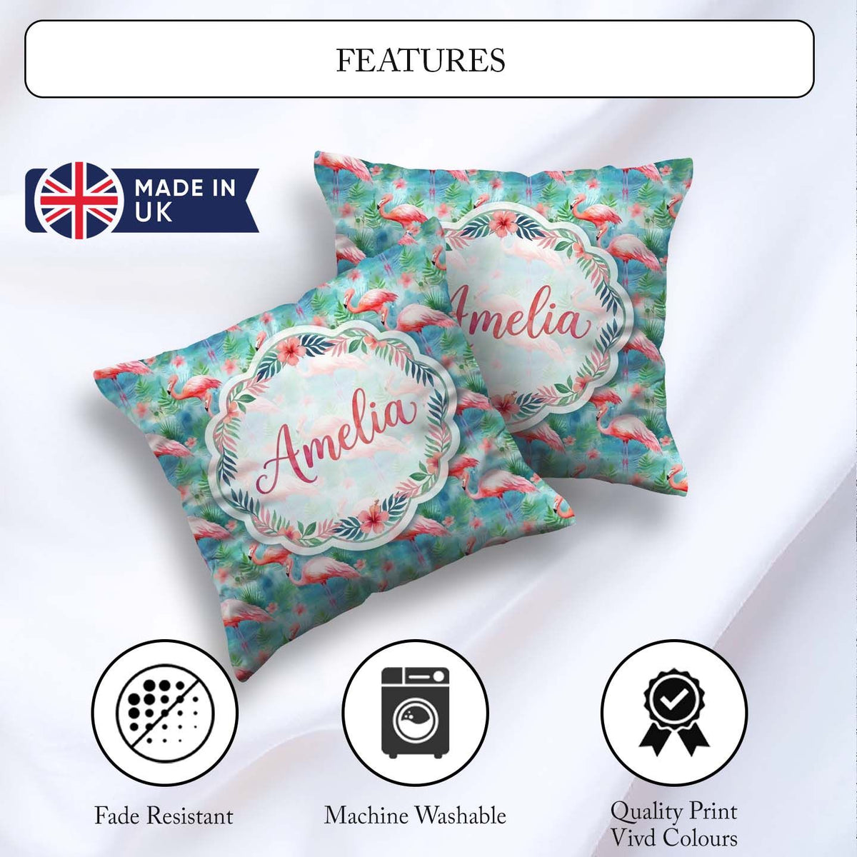 Custom Name Tropical Flamingo Jungle Watercolor Seamless Pattern Square Filled Cushion Throw Pillow Sofa Bed Home Decor Zip Washable UK Made