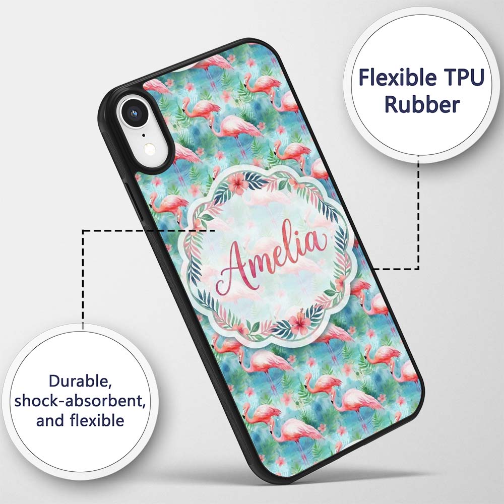 Tropical Pink Flamingo Jungle Leaves Watercolor Custom Name Protective Phone Case Mobile Cover Durable Everyday Smartphone Shock Resistant