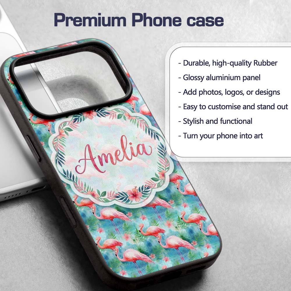 Tropical Pink Flamingo Jungle Leaves Watercolor Custom Name Protective Phone Case Mobile Cover Durable Everyday Smartphone Shock Resistant