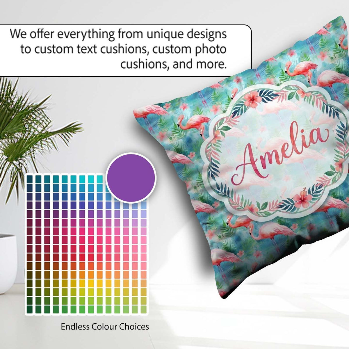 Custom Name Tropical Flamingo Jungle Watercolor Seamless Pattern Square Filled Cushion Throw Pillow Sofa Bed Home Decor Zip Washable UK Made