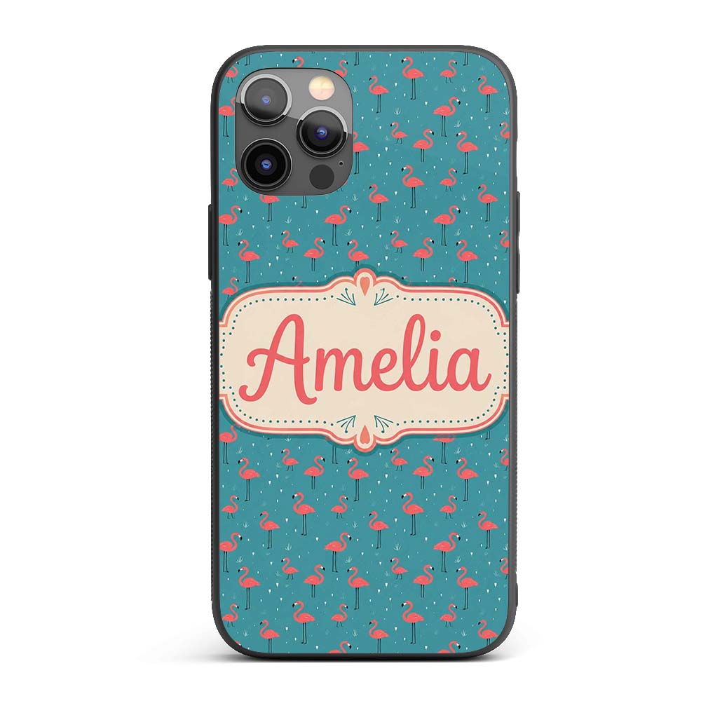 Minimal Flamingo Birds Teal Decorative Design Custom Name Protective Phone Case Mobile Cover Durable Everyday Smartphone Shock Resistant