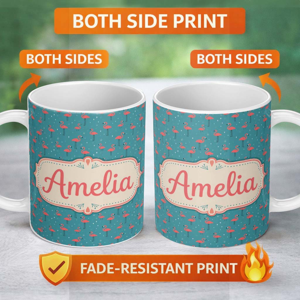 Personalized Custom Name Minimal Flamingo Birds Teal Background Cute Seamless Pattern Name 11oz Ceramic Coffee Tea Mug White Large Handle