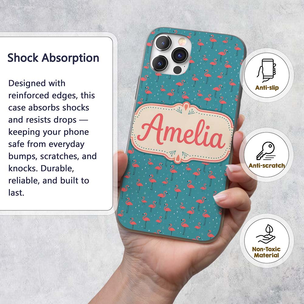 Minimal Flamingo Birds Teal Decorative Design Custom Name Protective Phone Case Mobile Cover Durable Everyday Smartphone Shock Resistant