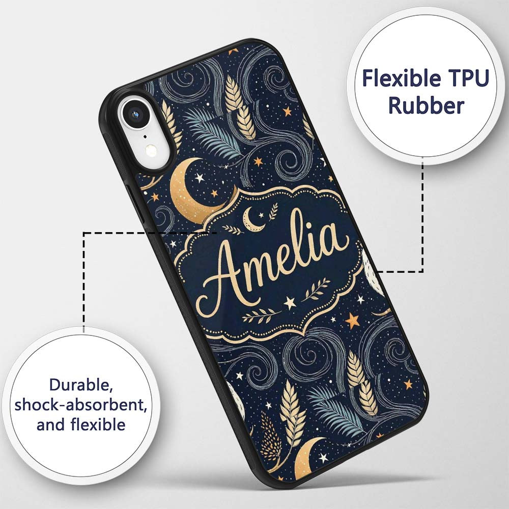 Owl Moon Stars Night Sky Botanical Printed Design Custom Name Protective Phone Case Mobile Cover Durable Everyday Smartphone Shock Resistant