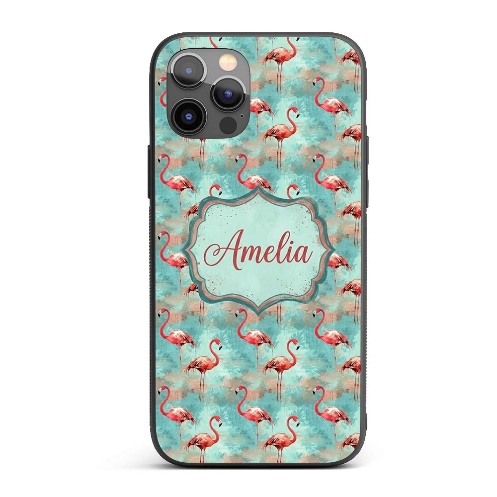 Artistic Flamingo Birds Paint Splash Background Custom Name Protective Phone Case Mobile Cover Durable Everyday Smartphone Shock Resistant