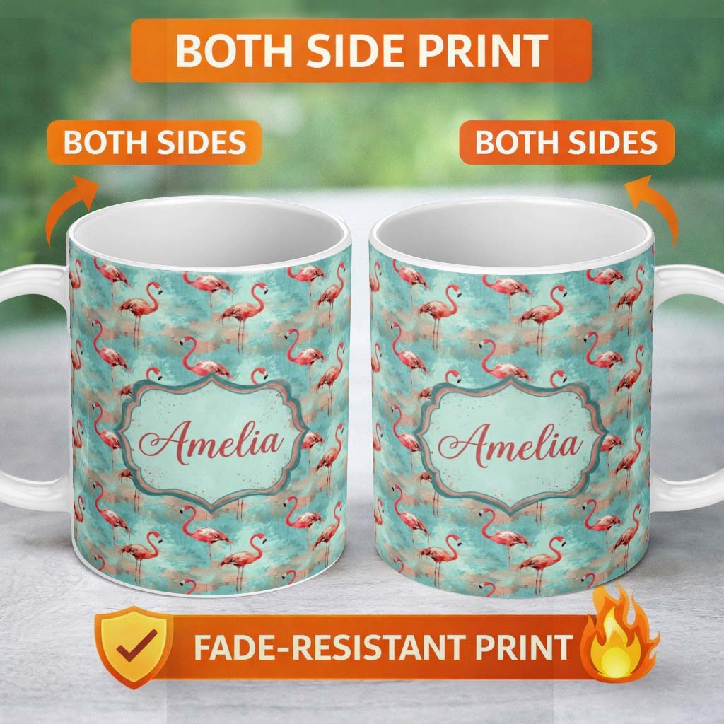 Personalized Custom Name Artistic Flamingo Birds Paint Splash Background Seamless Pattern 11oz Ceramic Coffee Tea Mug White Large Handle