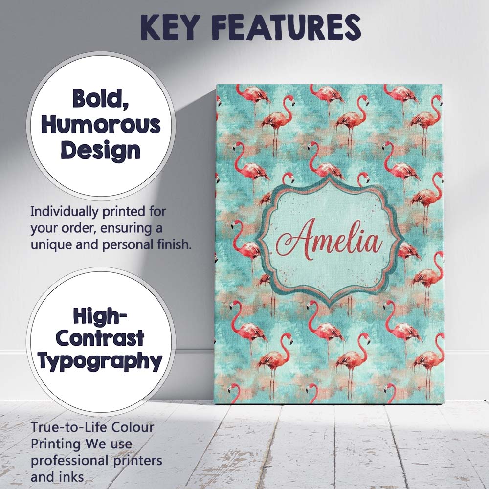 Personalised Name Artistic Flamingo Birds Custom Unique Gift Idea Elegant Feature Canvas Wall Art Print Decor Picture Ready to Hang