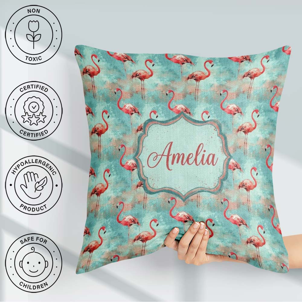 Custom Name Artistic Flamingo Splash Background Seamless Pattern Square Filled Cushion Throw Pillow Sofa Bed Home Decor Zip Washable UK Made
