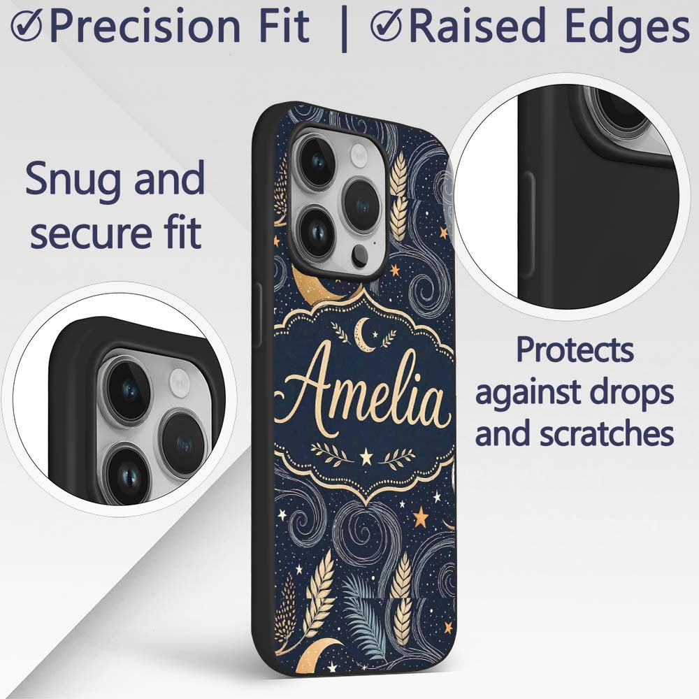 Owl Moon Stars Night Sky Botanical Printed Design Custom Name Protective Phone Case Mobile Cover Durable Everyday Smartphone Shock Resistant
