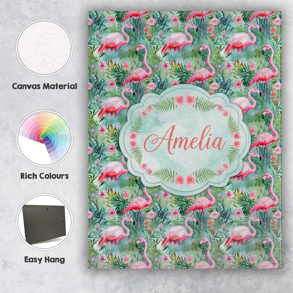 Personalised Name Flamingo Birds Botanical Custom Unique Gift Idea Elegant Feature Canvas Wall Art Print Decor Picture Ready to Hang