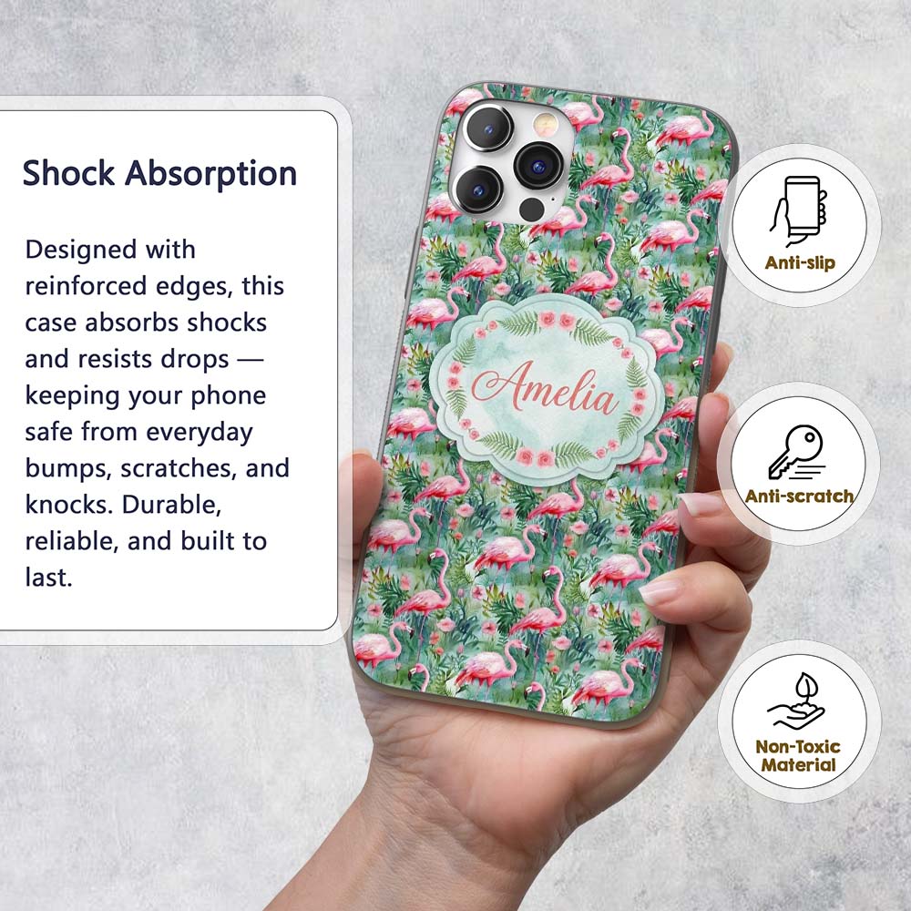 Flamingo Birds Botanical Floral Jungle Seamless Custom Name Protective Phone Case Mobile Cover Durable Everyday Smartphone Shock Resistant