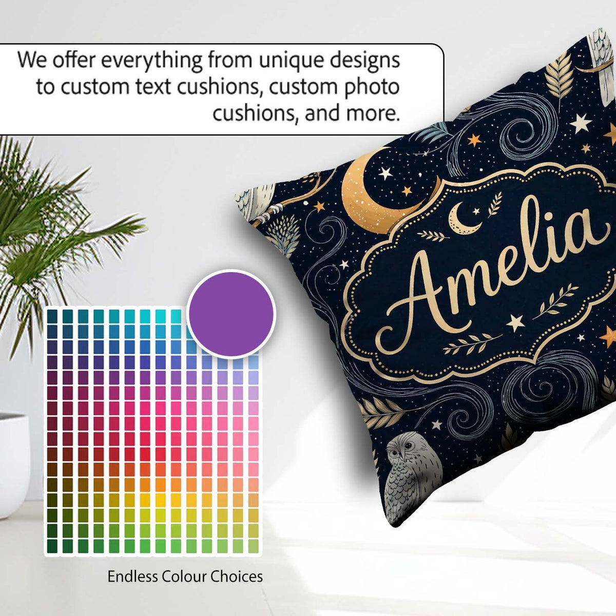 Custom Name Owl Moon Stars Night Sky Botanical Seamless Pattern Square Filled Cushion Throw Pillow Sofa Bed Home Decor Zip Washable UK Made