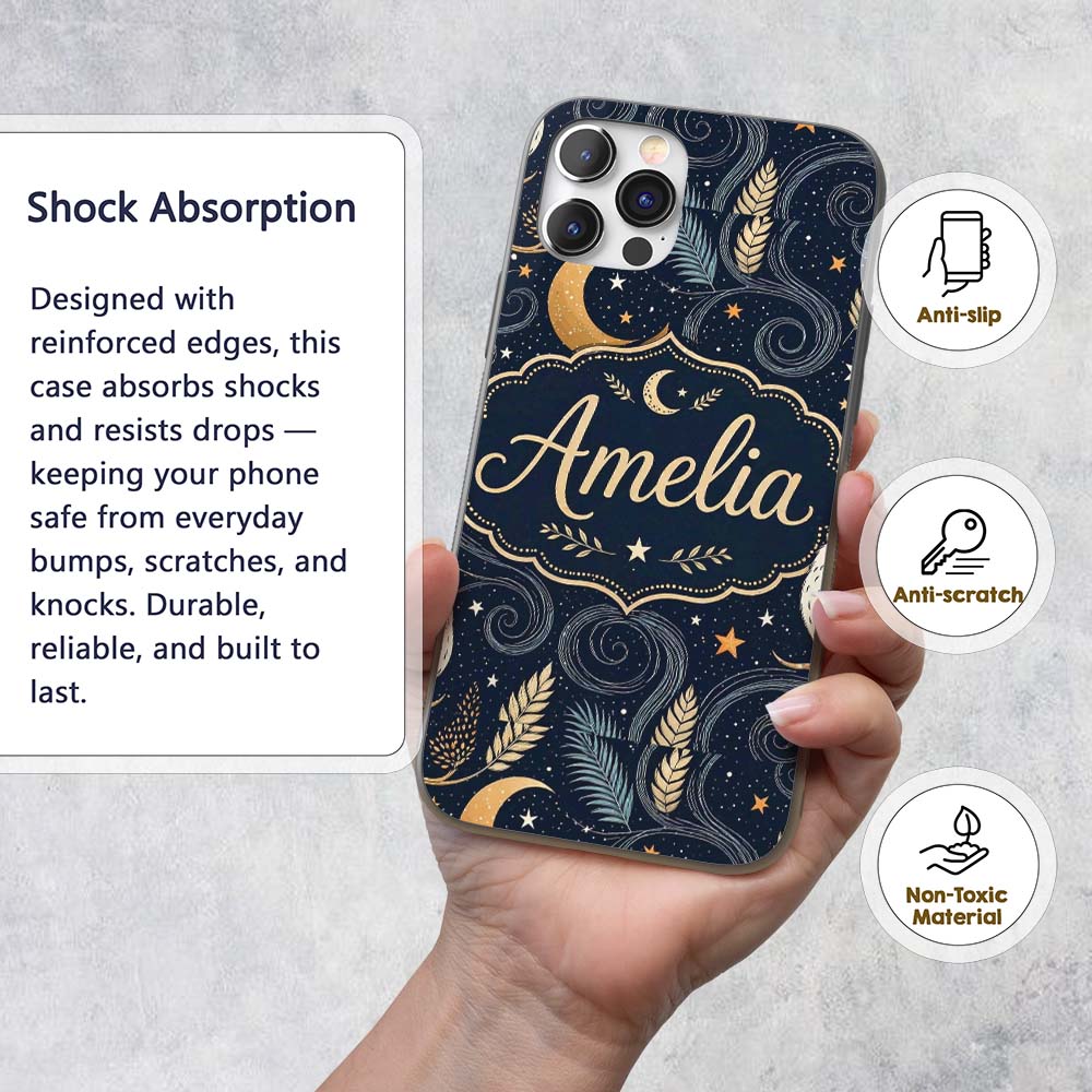 Owl Moon Stars Night Sky Botanical Printed Design Custom Name Protective Phone Case Mobile Cover Durable Everyday Smartphone Shock Resistant
