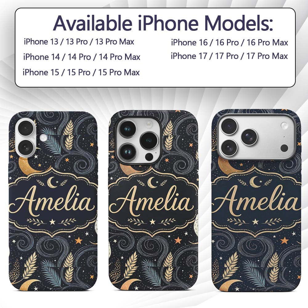 Owl Moon Stars Night Sky Botanical Printed Design Custom Name Protective Phone Case Mobile Cover Durable Everyday Smartphone Shock Resistant