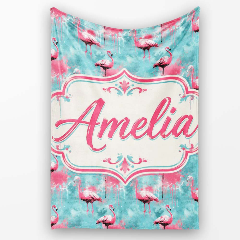 Grunge Style Flamingo Birds Abstract Splash Seamless Pattern Name Personalised Custom Name Super Soft Fleece Blanket Bed Sofa Throw