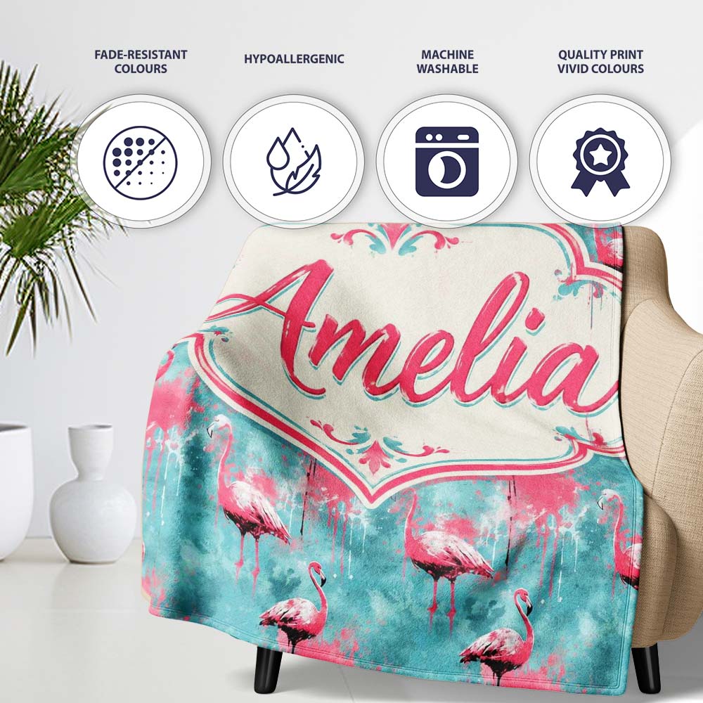 Grunge Style Flamingo Birds Abstract Splash Seamless Pattern Name Personalised Custom Name Super Soft Fleece Blanket Bed Sofa Throw