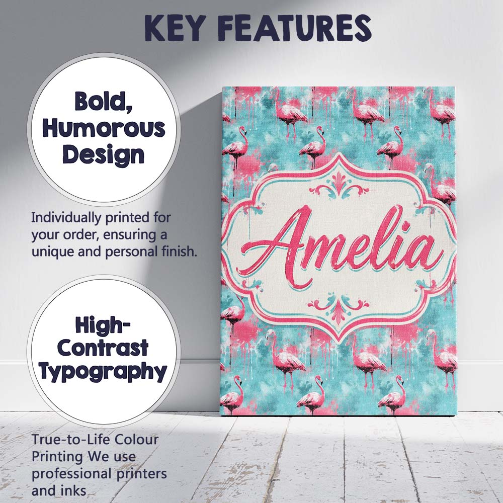 Personalised Name Grunge Style Flamingo Custom Modern Room Accent Elegant Feature Canvas Wall Art Print Decor Picture Ready to Hang