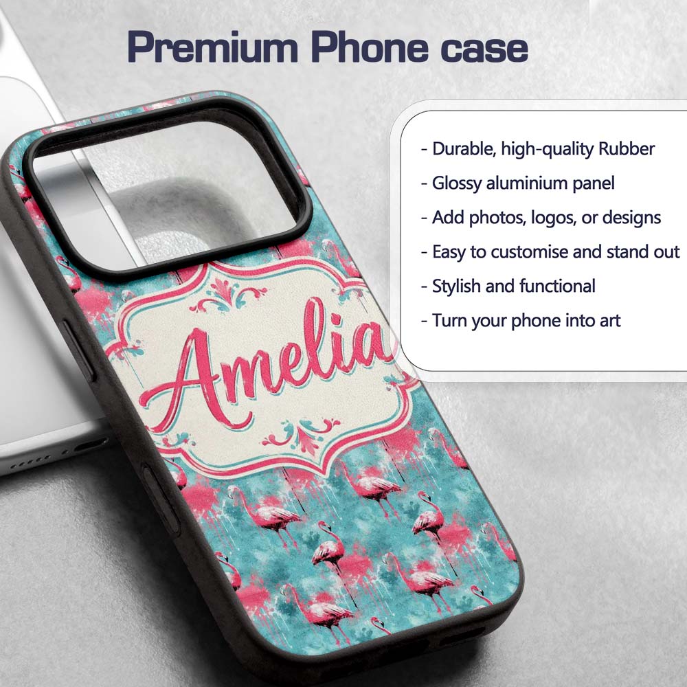 Grunge Style Flamingo Birds Decorative Design Custom Name Protective Phone Case Mobile Cover Durable Everyday Smartphone Shock Resistant