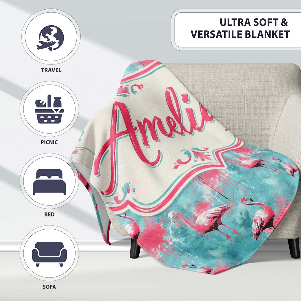 Grunge Style Flamingo Birds Abstract Splash Seamless Pattern Name Personalised Custom Name Super Soft Fleece Blanket Bed Sofa Throw