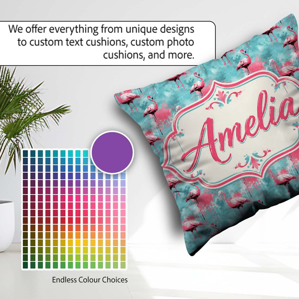 Custom Name Grunge Style Flamingo Birds Abstract Splash Seamless Square Filled Cushion Throw Pillow Sofa Bed Home Decor Zip Washable UK Made