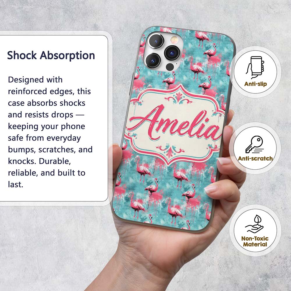 Grunge Style Flamingo Birds Decorative Design Custom Name Protective Phone Case Mobile Cover Durable Everyday Smartphone Shock Resistant