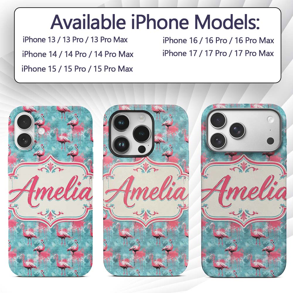 Grunge Style Flamingo Birds Decorative Design Custom Name Protective Phone Case Mobile Cover Durable Everyday Smartphone Shock Resistant