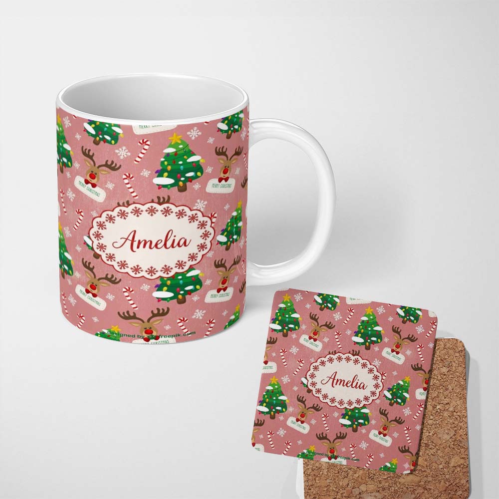 Personalized Custom Name Cute Reindeer Christmas Tree Candy Cane Merry Holiday Seamless 11oz Ceramic Coffee Tea Mug White Large Handle