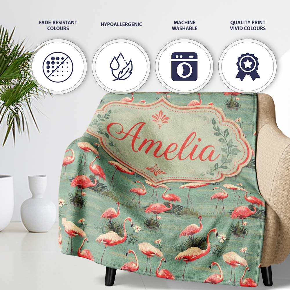 Elegant Flamingo Birds Wetland Nature Seamless Pattern Name Cute Personalised Custom Name Super Soft Fleece Blanket Bed Sofa Throw